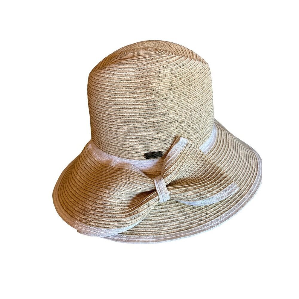 Sun & Sand Sun Beach Wide Brim Hat Beige White Trim Adjustable Strap‎